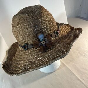 Scala Cowboy Hat beach Wooden Flower & Beads Hatband O/S sun boho festival